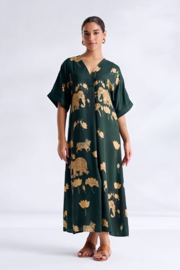 Ele Fun Modal Satin Dress - Forest Green