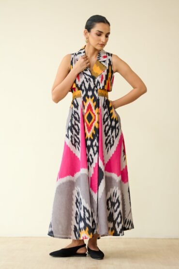 Bohemian Breeze Slub Cotton Dress - Pink & Grey