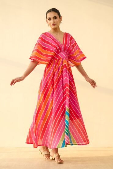 Bebo Hand Embroidered Kota Doria Cotton Maxi Dress - Multicolour