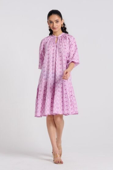 Lavender Pure Cotton Tier Dress with Neckline Detail