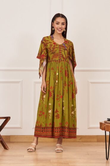 Olive Green Gathered Dress with Flutter Sleeves