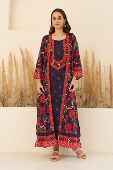 Navy Blue A-Line Spaghetti Dress with Floral Shrug