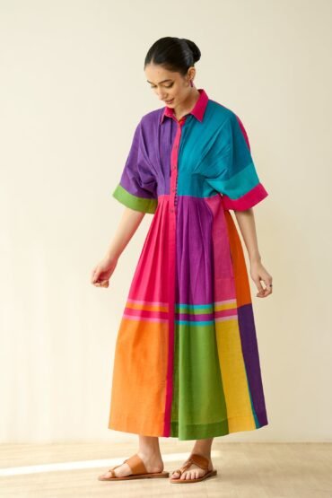 Pop Checks Pure Slub Cotton Dress - Multicolour