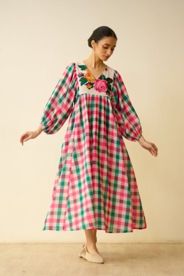 Folk Song Fine Slub Cotton Dress - Pink and Green
