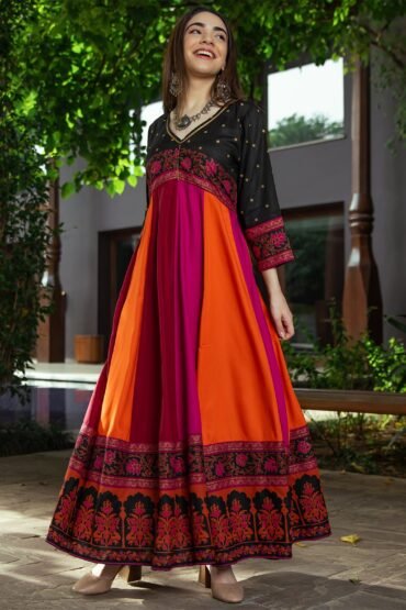 Black Multicolour Long Kalidaar Dress with Border Details