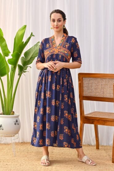 Peppy Blue V Neck Alia Cut Gathered Dress