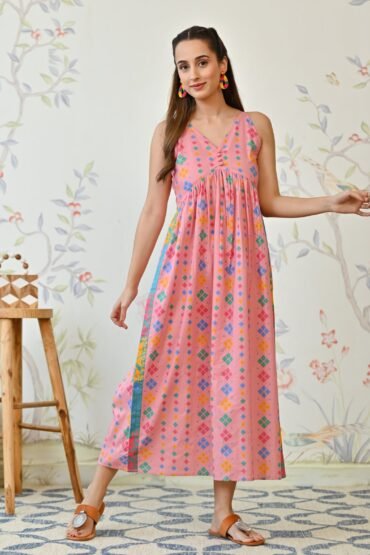 Pale Pink Printed Strappy Shoulder Cotton Maxi Dress