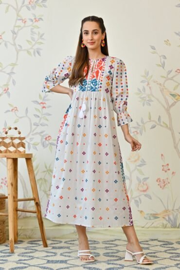 Off White Jamdani Inspired Cotton Dress with Front Tie Up Detail