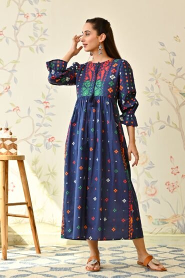 Navy Blue Jamdani Inspired Cotton Dress with Front Tie Up Detail