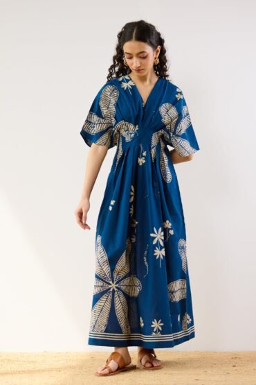 Periwinkle Pleated Cotton Maxi Dress - Blue