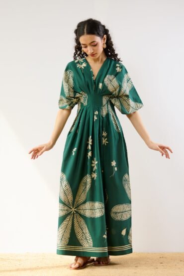 Periwinkle Pleated Cotton Maxi Dress - Emerald Green