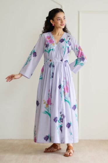 Tulip Cotton Overlap Dress with Mulmul Slip - Lavender