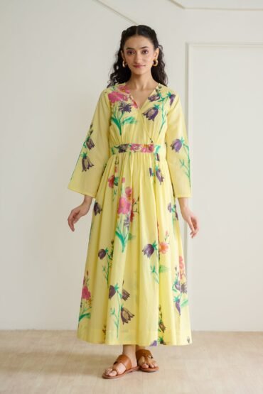 Tulip Cotton Overlap Dress with Mulmul Slip - Banana Yellow