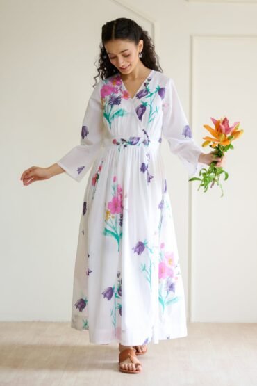 Tulip Cotton Overlap Dress with Mulmul Slip - Sharp white