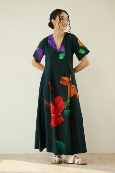 Hibiscus Bloom Cotton Maxi Dress - Emerald Green