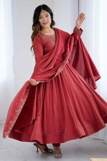 Timeless Maroon Chanderi Silk Embroidered Party Wear Anarkali Suit