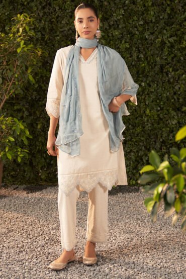 Mavia Luna Powder Blue Embroidered Cotton Dobby Suit Set with Dupatta