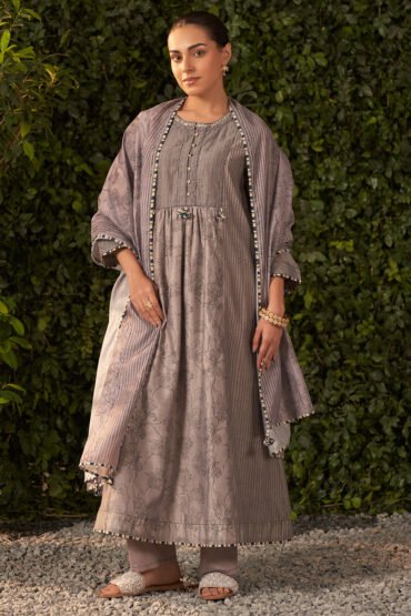 Amaya Slate Grey Printed Chanderi Suit Set with Dupatta