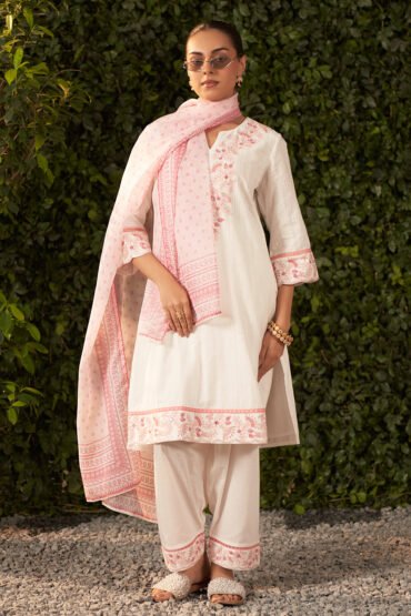 Rose Light Pink Embroidered Cotton Jacquard Suit Set with Dupatta