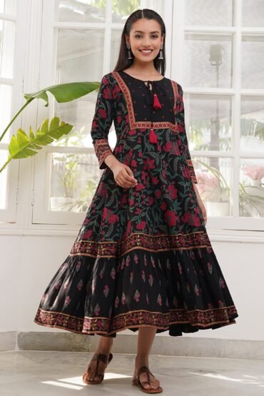 Black Floral Dress with Hem Details