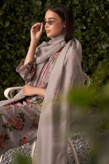 Stone Grey Printed Suit Set with Dupatta