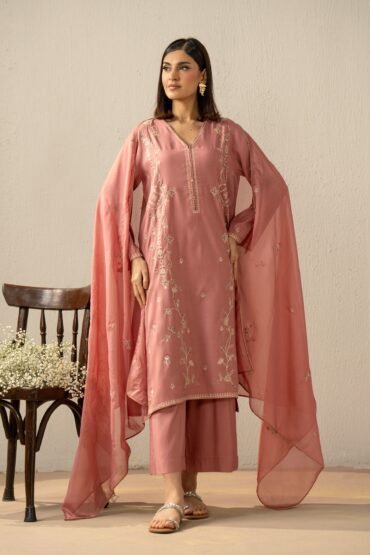 Embroidered Raw Silk Stitched 3 Piece Suit