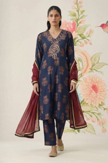 Mehr Navy Printed Cotton Blend Suit Set with Dupatta