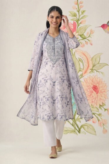 Kavya Grey Printed Chanderi Suit Set with Dupatta