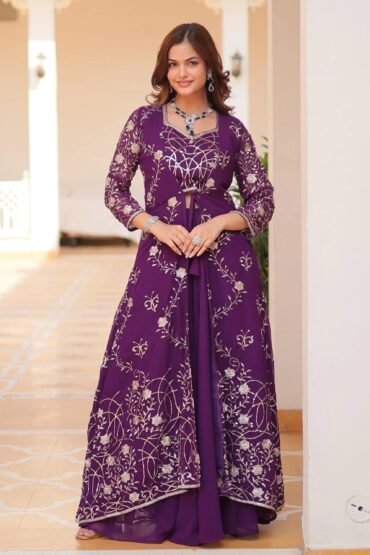 Chic Purple Thread Embroidered Palazzo Suit With Shrug