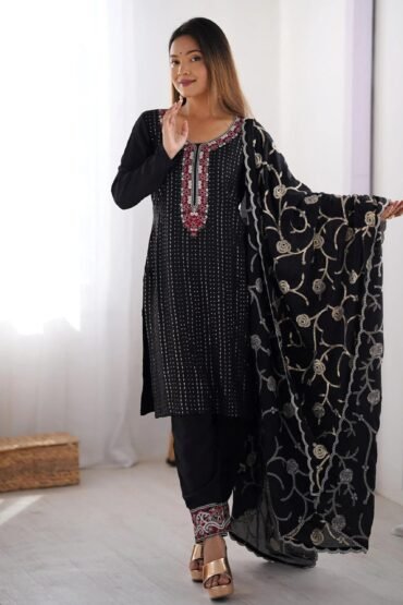 Lavishing Black Chinon Thread Embroidered Traditional Straight Suit