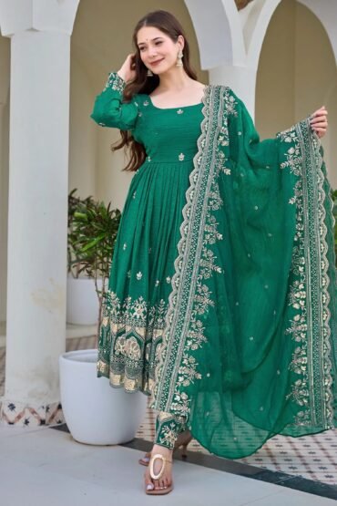 Gorgeous Green Sequins Silk Mehendi Wear Anarkali Pant Suit