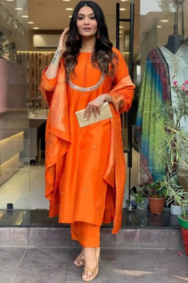 Adorable Orange Embroidered Viscose Festival Wear Pant Suit