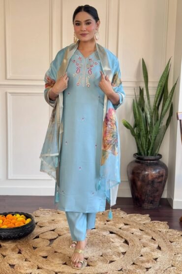 Beautiful Sky-Blue Embroidered Viscose Festival Wear Pant Suit