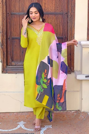 Glamorous Lime Green Sequins Rayon Event Wear Pant Suit With Dupatta