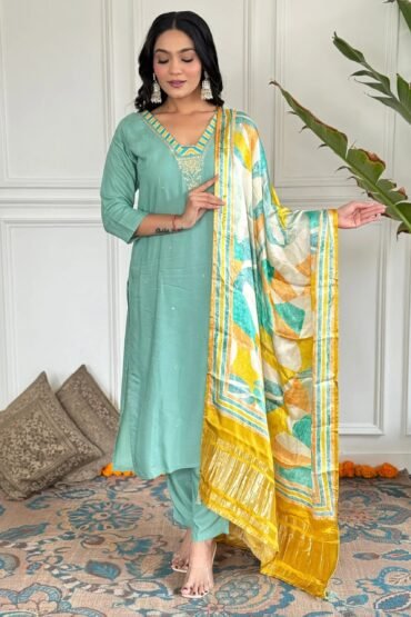 Enchanting Sky-Blue Viscose Casual Wear Pant Suit With Dupatta