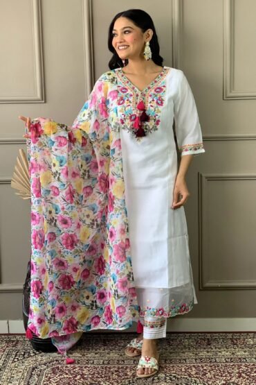 Attractive White Floral Embroidered Chanderi Traditional Pant Suit