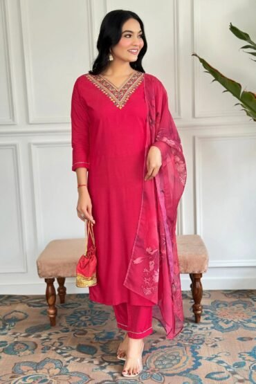 Stunning Red Embroidered Rayon Festival Wear Pant Suit With Dupatta