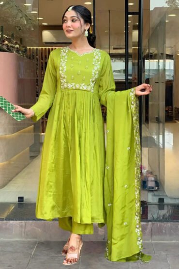 Awesome Green Embroidered Chinon Festival Wear Pant Suit With Dupatta