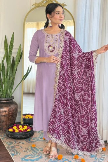 Glamorous Lavender Viscose Pant Suit With Bandhani Dupatta