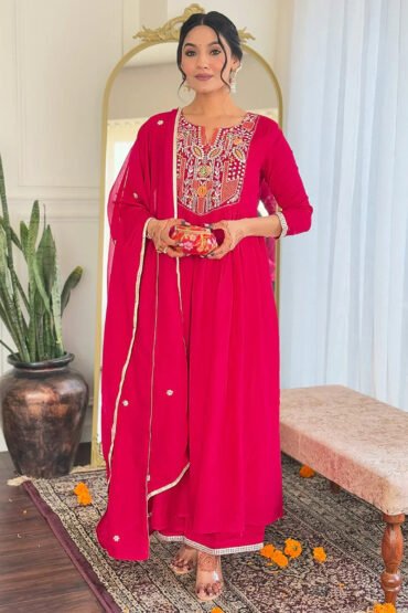 Bewitching Red Viscose Thread Embroidered Festival Wear Pant Suit
