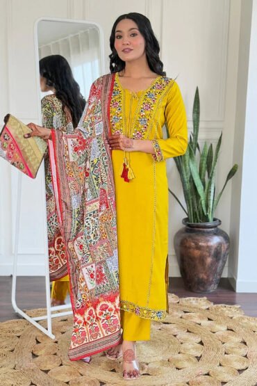 Stunning Yellow Floral Embroidered Viscose Event Wear Pant Suit