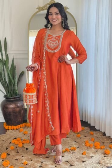 Attractive Orange Embroidered Silk Festival Wear Pant Suit With Dupatta