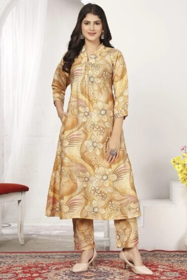 Charming Beige Floral Printed Chanderi Traditional Kurti With Pant