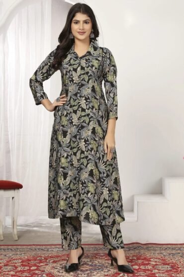 Precious Black Floral Printed Chanderi Casual Wear Kurti With Pant