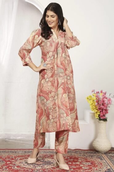 Beautiful Peach Floral Printed Chanderi Traditional Kurti With Pant