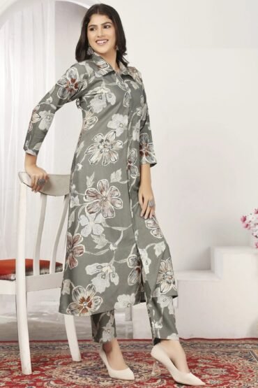 Gorgeous Grey Floral Printed Rayon Event Wear Kurti With Pant