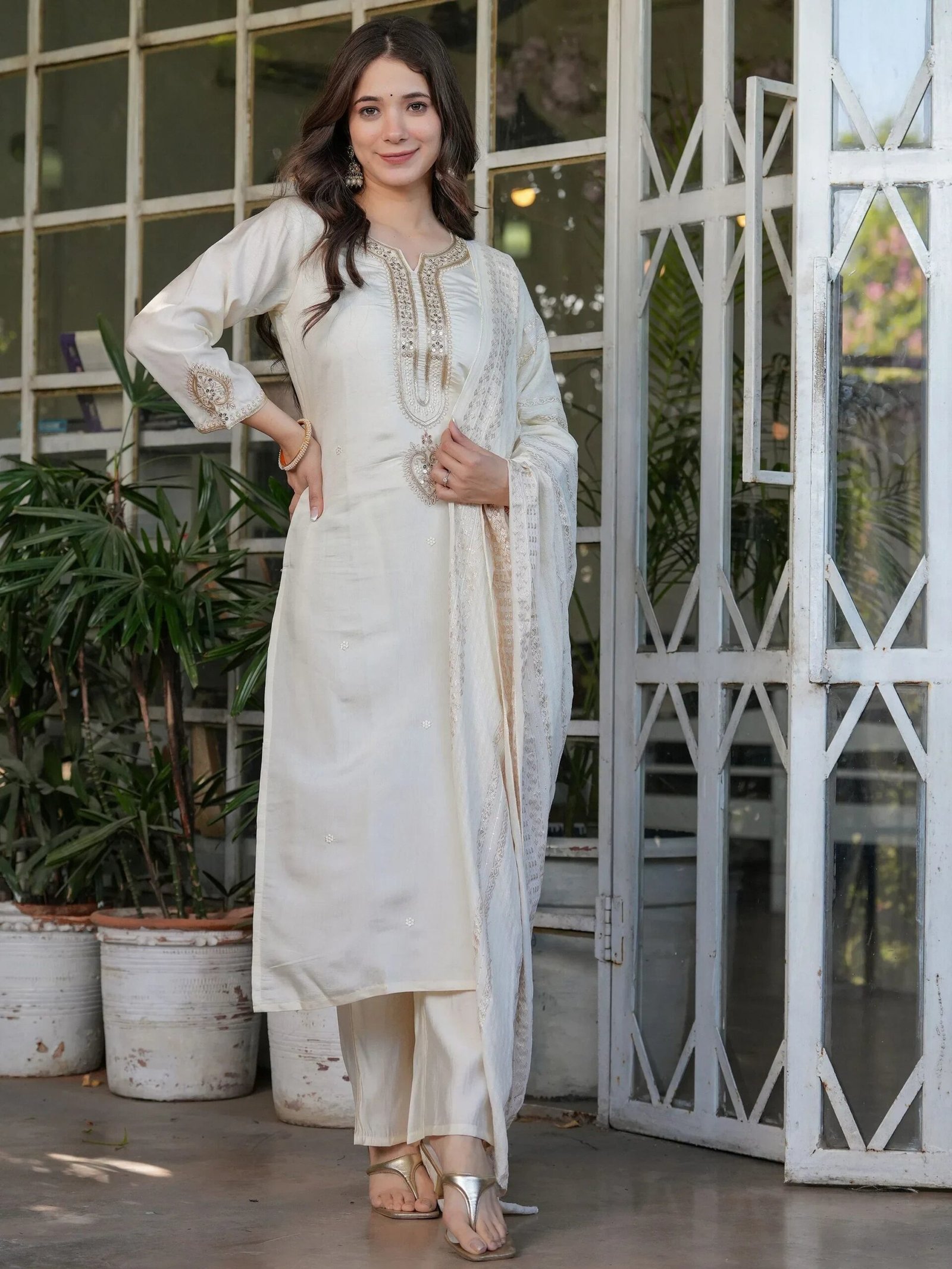 Incredible Off-White Embroidered Viscose Traditional Pant Suit