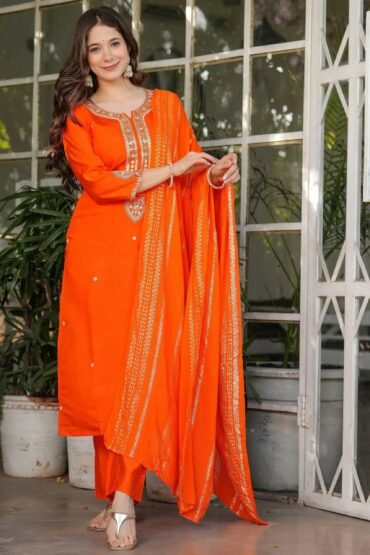 Astonishing Orange Embroidered Viscose Festival Wear Pant Suit