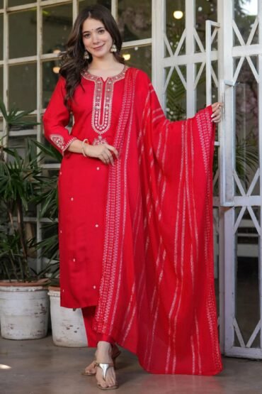 Lovely Red Embroidered Viscose Festival Wear Pant Suit With Dupatta