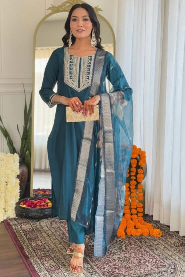 Spectacular Teal Blue Sequins Viscose Pant Suit With Dupatta